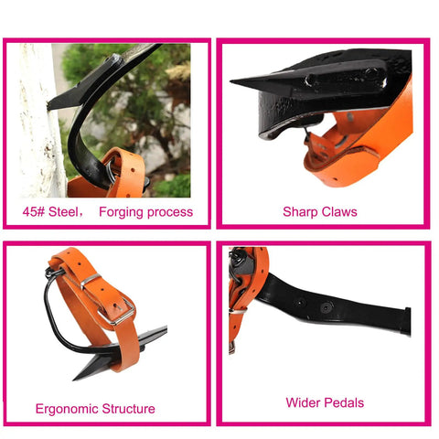 Tree Climbing Spikes With Non Slip Pedals Pro Grade Adjustable Arborist Gear for tree work, trimming, and hunting, forged 45# carbon steel.