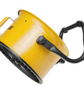 Side view of yellow Industrial Grade 14 Inch High Velocity Drum Fan with 360 degree adjustable drum head and sturdy handle