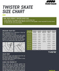Twister 110 Fitness Inline Skates size chart for unisex adults, Rollerblade logo, foot measurement guide, detailed size information.