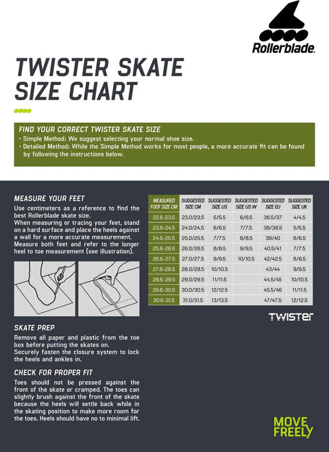 Twister 110 Fitness Inline Skates size chart for unisex adults, Rollerblade logo, foot measurement guide, detailed size information.