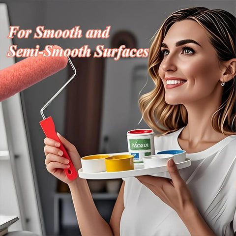 Woman holding a paint tray with 18 Pack 9 Inch Paint Roller Covers With 3 Eighth Inch Nap High Density Polyester Fibers.