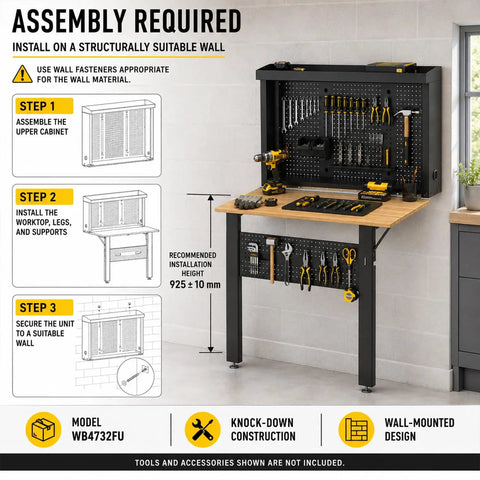 Wall Mounted Fold Down Workbench With Pegboard Organizer shown with tools on pegboard, installation steps, and features highlighted.