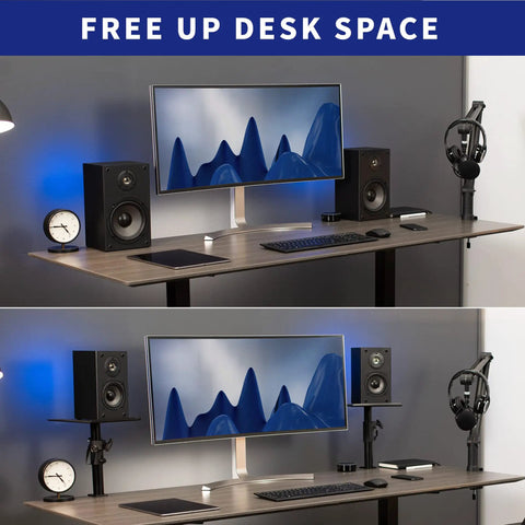 Clamp-On Speaker Stand Desk Mount Set Two-Pack With Adjustable Height And Tilt Universal 9.5x8.8 Platforms for desk setup