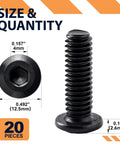 Close-up of 1/4-20 X 2 Inch Flat Head Hex Socket Cap Screws, 304 Stainless Steel, Black Oxide, with hex socket and measurements.
