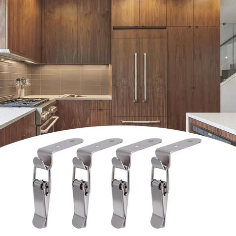 90 Degree Spring Loaded Latch Set 4 Pcs Stainless Steel Toggle Clamps in kitchen setting with wooden cabinets behind
