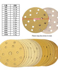 Grab These Killer Yellow 6 Inch Gold Sanding Discs With Anti-Clog Coating And 15 Holes For Dust Free Grinding On Any Project That Hits Hard Today displaying various grits and sizes.