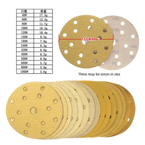 Grab These Killer Yellow 6 Inch Gold Sanding Discs With Anti-Clog Coating And 15 Holes For Dust Free Grinding On Any Project That Hits Hard Today displaying various grits and sizes.