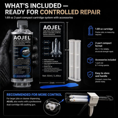 Heavy Duty Metal Epoxy For Structural Repair That Holds Brackets Housings Frames And Tools On Metal And Aluminum Load Bearing Waterproof And Heat Resistant To 392F Drillable After Cure 1.69 Oz packaging and tools