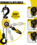 Tiny But Mighty Chain Hoist One Quarter Ton 550 Lbs Capacity Five Foot Lift Come Along With G80 Chain And Hook shown with 360° rotation feature.