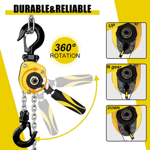 Tiny But Mighty Chain Hoist One Quarter Ton 550 Lbs Capacity Five Foot Lift Come Along With G80 Chain And Hook shown with 360° rotation feature.