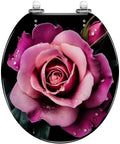 Toilet Seat Slow Close, Bathroom featuring a round floral design with a pink rose and water droplets, ideal for decor.