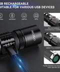 Rechargeable LED Flashlight 1000 Lumens With Dual Switch, USB charging cable connected, charging indicators showing status
