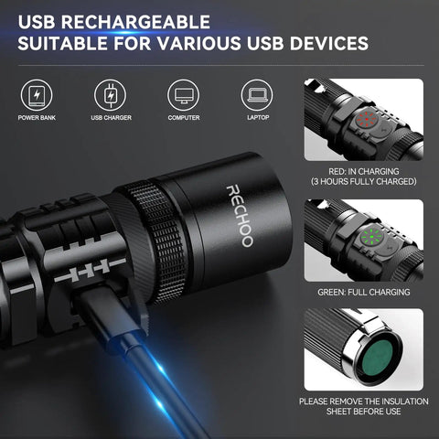 Rechargeable LED Flashlight 1000 Lumens With Dual Switch, USB charging cable connected, charging indicators showing status