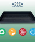 Five Pack Black Plastic Growing Trays Without Drain Holes, 21 By 11 By 2 Inches, shown with eco-friendly and reusable icons