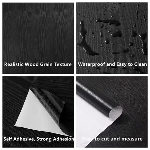 Peel And Stick Black Wood Grain Wallpaper For Counters And Cabinets, waterproof and easy to clean texture.