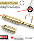 Laser Bore Sighter Kit For 22LR And 9mm Calibers showing red dot alignment and target range with safety warning