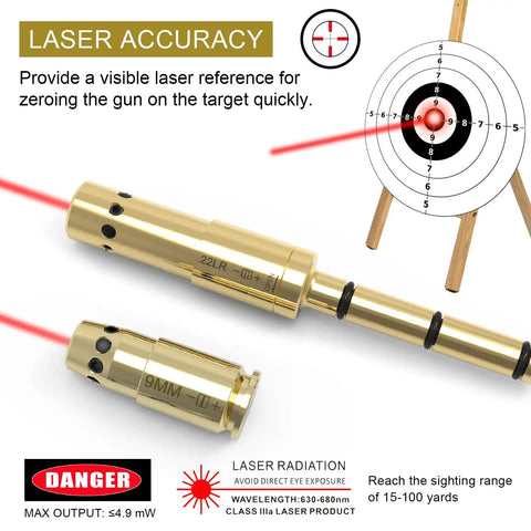 Laser Bore Sighter Kit For 22LR And 9mm Calibers showing red dot alignment and target range with safety warning