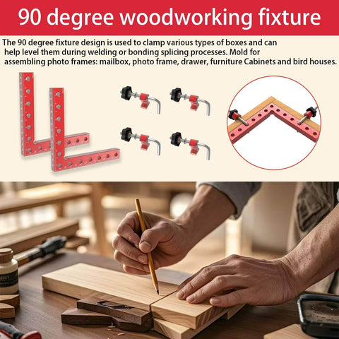 Four Pack 90 Degree Corner Clamps For Woodworking, 5.5 By 5.5 Inch Right Angle Positioning Squares in use during wood assembly