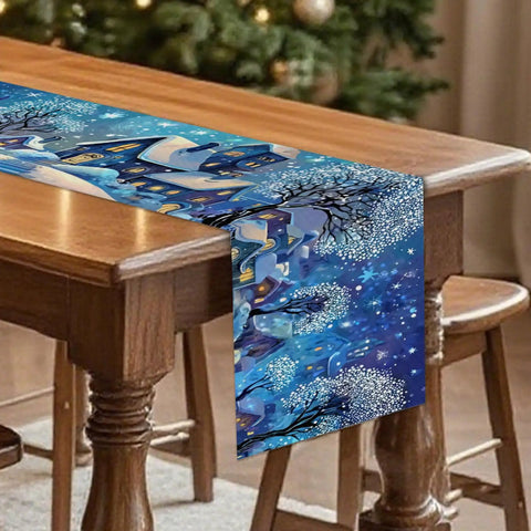Cozy Linen Christmas Table Runner With Blue Snowy Village Winter Scene For The Fam And Family Holiday Gatherings 13x72 Inches