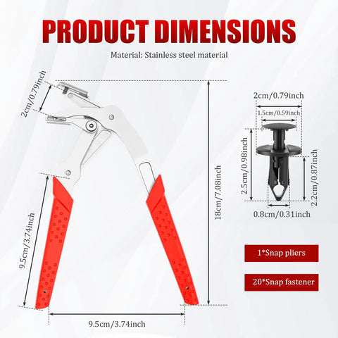 Non Destructive Car Clip Pliers Set With 20 8mm Rivets, stainless steel remover dimensions showing easy grip handles.