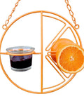 Clementine Oriole Feeder For Backyard Birds Feeds Two Orange Halves Nectar Or Mealworms Grape Jelly UV Resistant Powder Coated Steel With Removable Glass Cup And Easy Hang Chain Durable Outdoor Bird Feeder showing grape jelly and orange half.