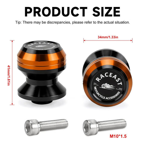 M10 Swingarm Spools Slider for Motorcycles 10mm x 1.5 Pitch Heavy Duty CNC Aluminum, orange anodized finish, with size details