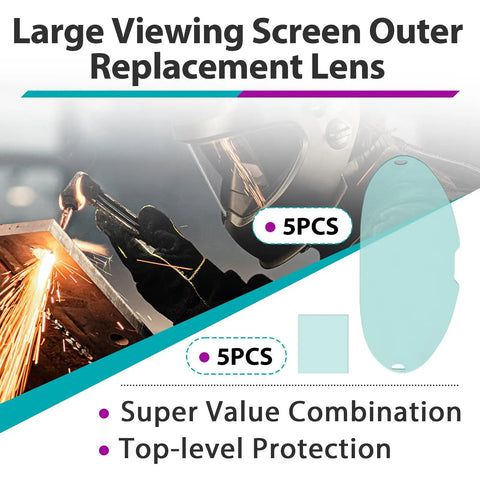 Large Viewing Screen Replacement Lens Set For LYG Q800D Welding Helmet, showing outer lens sheet and protective welding in action.