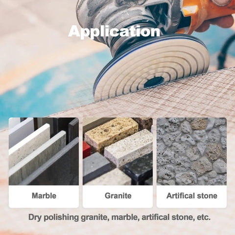 4 Inch Dry Diamond Polishing Pads Set With Aluminum Based Backing Pads for granite and marble grinding, shown polishing stone