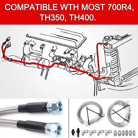 Diagram showing installation of 70 Inch 6AN Stainless Braided Transmission Cooler Hose Kit With AN6 Fittings For GM Chevy Ford
