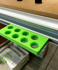 Premium Bench Dog Storage Rack For Festool Mft Three Table Side Mount Holder fits eight 20Mm and three quarter inch dog pins, green organizer.