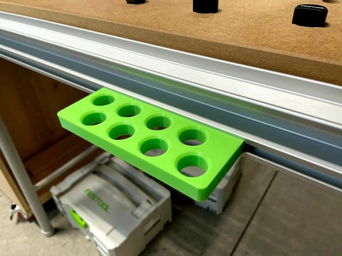 Premium Bench Dog Storage Rack For Festool Mft Three Table Side Mount Holder fits eight 20Mm and three quarter inch dog pins, green organizer.