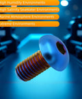 Close-up burnt-blue titanium M5x12mm bolt with flange head, hex-key fastener for bicycle water bottle cage.