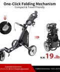 Lightweight Three Wheel Golf Push Cart With No Sweat Fold Design And Rolls Smooth Front Wheel Includes Adjustable Handle, shown in extended and folded positions.
