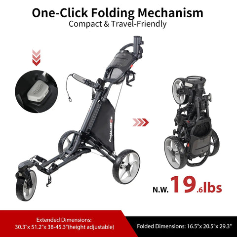 Lightweight Three Wheel Golf Push Cart With No Sweat Fold Design And Rolls Smooth Front Wheel Includes Adjustable Handle, shown in extended and folded positions.
