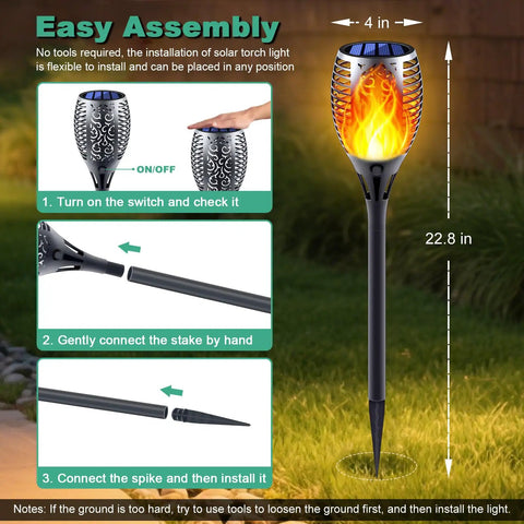 Easy assembly of Eight Pack Solar Torch Lights With Realistic Flickering Flame For Outdoor Vibe And Ambience, Smokeless LED Garden Lamps