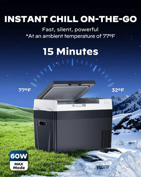 Beast Mode 32 Quart Portable Car Fridge Freezer with Rapid Compressor Cooling on grass at 32°F, designed for outdoor use.