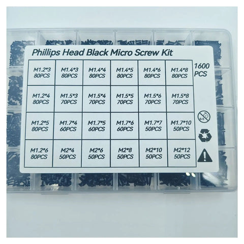 Top Shelf 1600 Piece Micro Screw Kit M1.2 To M2.0 304 Stainless Steel screws assortment for electronics and tech projects.