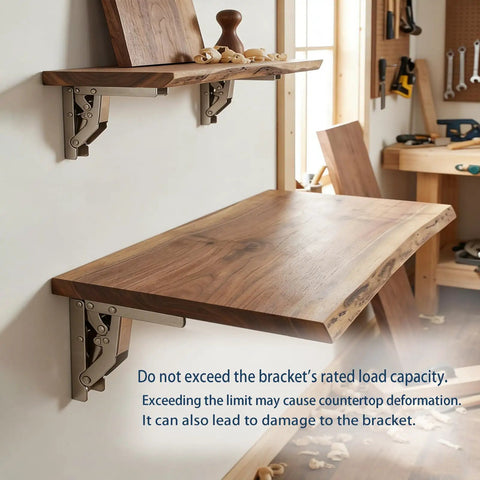 Beefy 90 Degree Folding Hinge 4 Pack Solid Drop Down Flap Door Hinges For Tables Shelves Bar Counters And Loft Hatches sleek concealed hinges supporting a wooden tabletop.