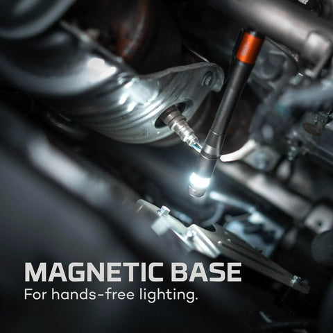 Inspector 500 Plus Flex Pen Light illuminating engine area with magnetic base, showcasing hands-free functionality.