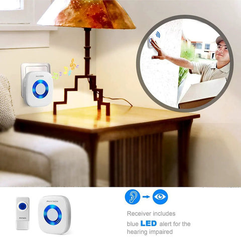 Waterproof Wireless Doorbell Kit with blue LED receiver and push button in home setting.