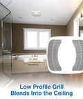 Ceiling Mounted Bathroom Exhaust Fan 100 CFM With Snap In Install, Quiet 3.5 Sones, showing white 10 x 10 grill in bathroom