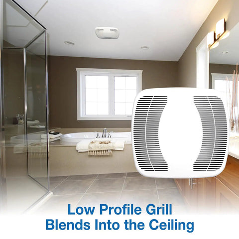 Ceiling Mounted Bathroom Exhaust Fan 100 CFM With Snap In Install, Quiet 3.5 Sones, showing white 10 x 10 grill in bathroom
