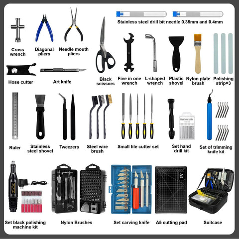 212-piece 3D printer tool kit with assorted pliers, knives, brushes, files in carrying cases