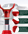 Front view of red 12t bottle jack adapter with U-shaped lifting saddle for 3–4 in round or square axles; fits ≤1.65 in diameter accessories.
