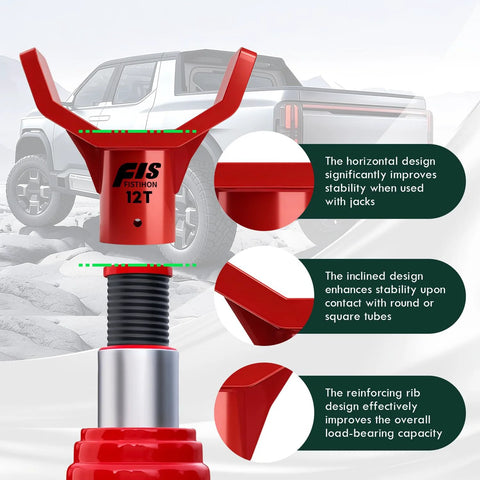 Front view of red 12t bottle jack adapter with U-shaped lifting saddle for 3–4 in round or square axles; fits ≤1.65 in diameter accessories.