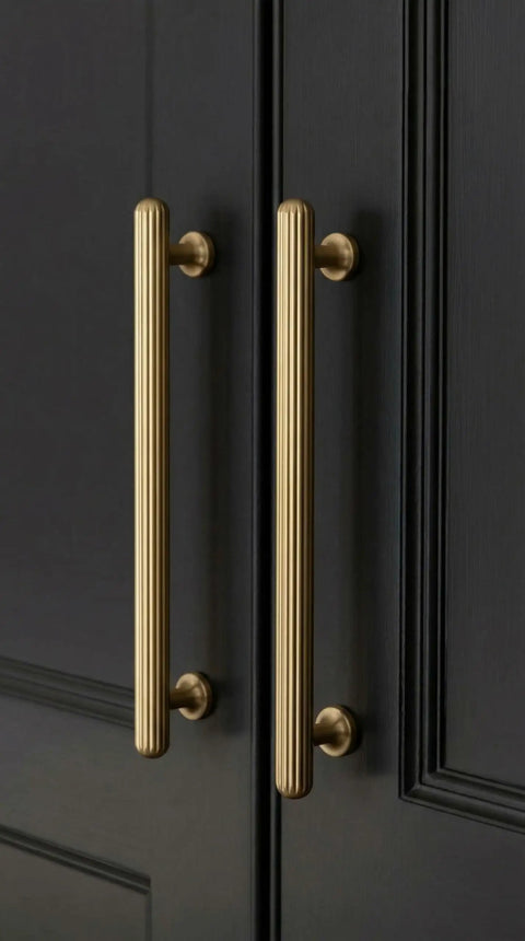 Six Pack Champagne Bronze Cabinet Pulls With Ribbed Knurl Texture And AntiFingerprint Finish Solid Zinc Alloy Kitchen Hardware For Cupboards And Dressers 5 Inch Center To Center Easy Grip Drawer Pulls installed on black cabinet