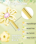 8 Pair Hypoallergenic Earring Set For Babies To Teens, Nickel Free Titanium And 14K Gold Plated Screw Back Studs, Flat Back Comfort For Sensitive Ears, Cute Flower Heart Star Ball Dot Mouse Designs, Baby First Jewelry. Gold flower stud with pink gem, 6mm 20G screw back