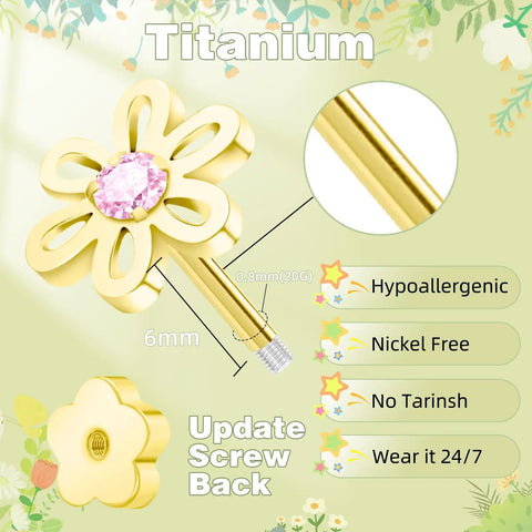 8 Pair Hypoallergenic Earring Set For Babies To Teens, Nickel Free Titanium And 14K Gold Plated Screw Back Studs, Flat Back Comfort For Sensitive Ears, Cute Flower Heart Star Ball Dot Mouse Designs, Baby First Jewelry. Gold flower stud with pink gem, 6mm 20G screw back