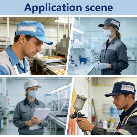 Hella Breathable Anti Static Work Cap Adjustable Low Lint Bill Hat For Electronics Lab Crew Solid Five Pack Navy in application scenes.