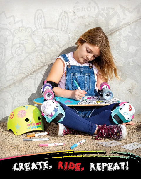 Child designing skateboard patterns with Dry Erase Kids Helmet For Bike, Skate, Scooter And Inline Skating With Neon Markers.